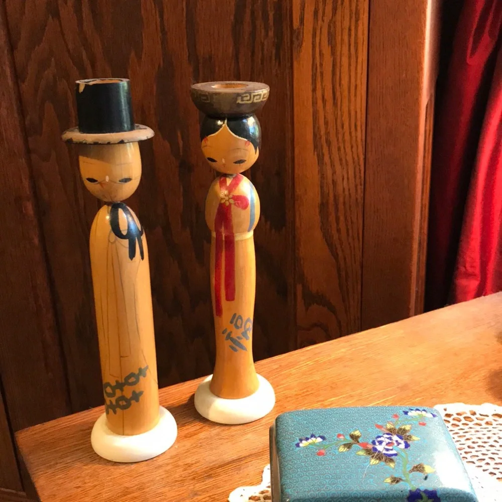 Vintage Kokeshi Wooden Candle Holders Pair Japan